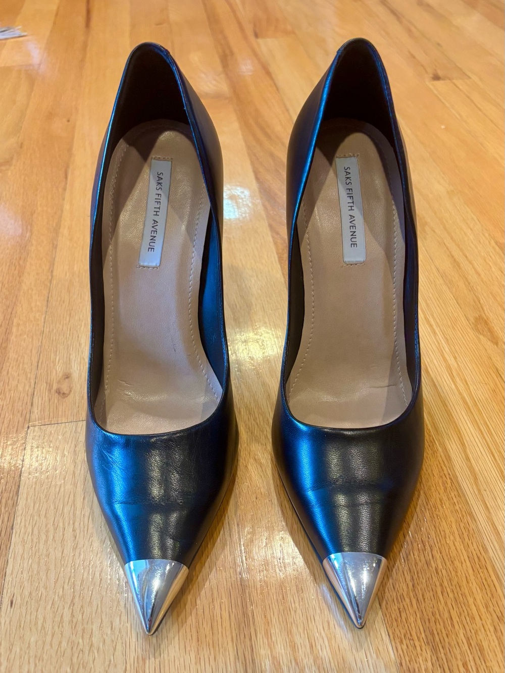 Saks Fifth Avenue Black Leather Pointed Pumps with Silver Cap Toe